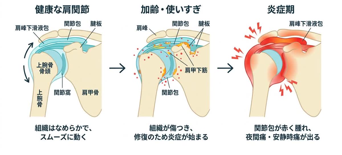 四十肩・五十肩の発生メカニズム：健康な肩関節→加齢・使いすぎで組織が傷つく→炎症期の発生（夜間痛・安静時痛）