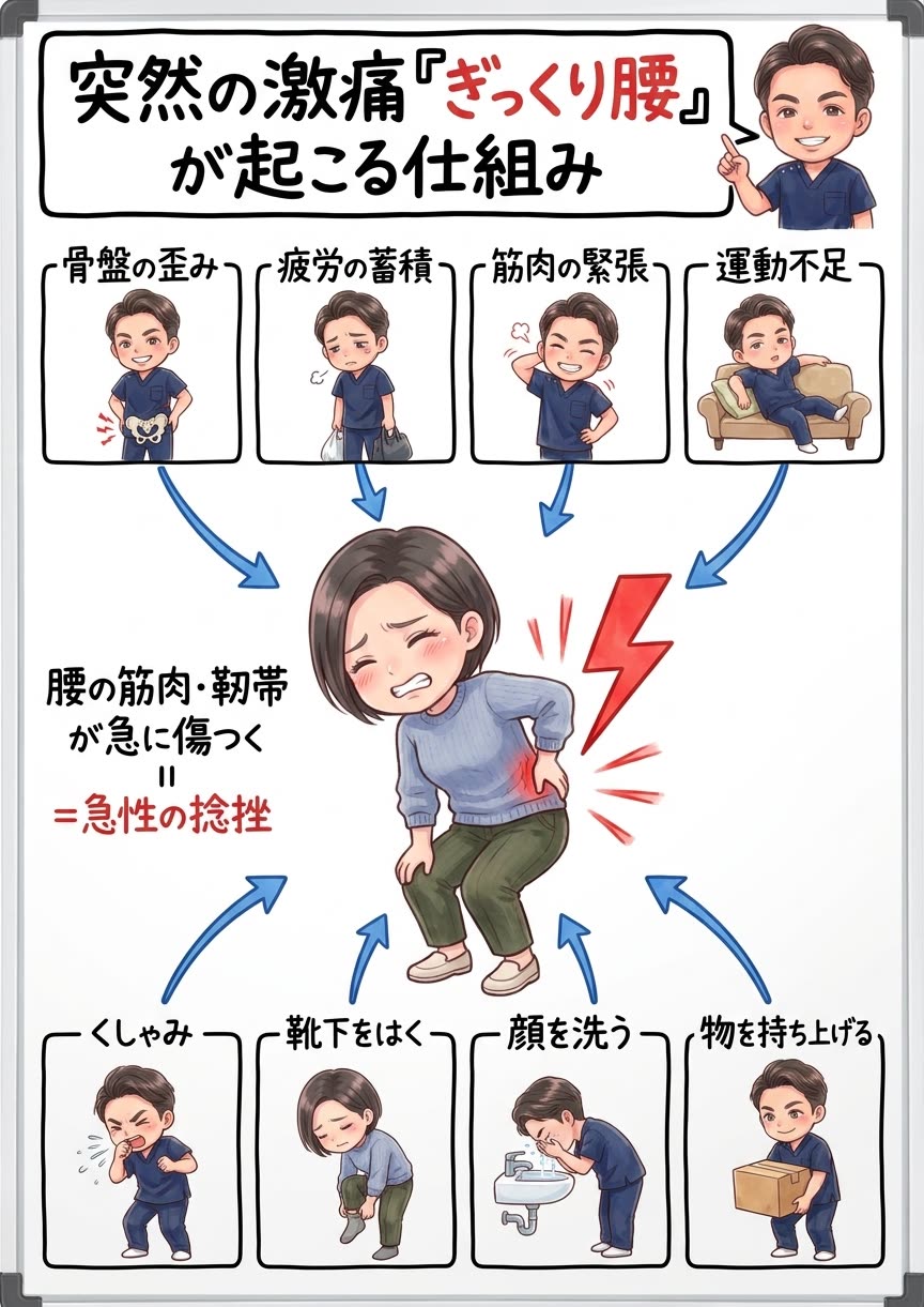 ぎっくり腰が起こる仕組み：骨盤の歪み・疲労の蓄積・筋肉の緊張・運動不足が積み重なった腰に、くしゃみ・靴下をはく・顔を洗う・物を持ち上げるといった些細な動作が引き金となり、腰の筋肉や靭帯が急に傷つく急性の捻挫が起こる図解
