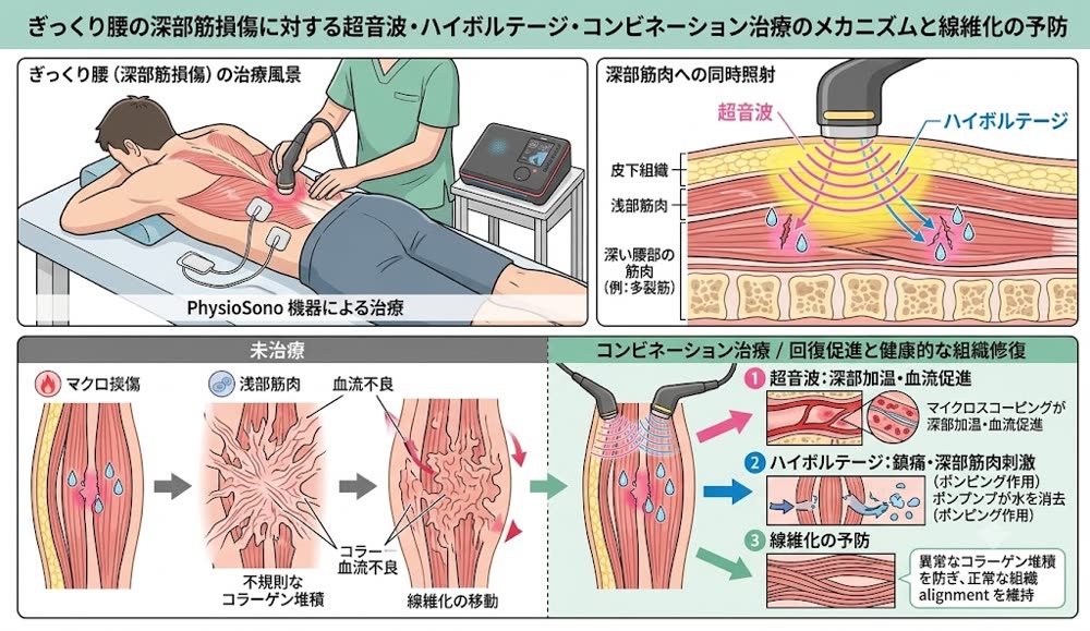 ぎっくり腰の深部筋損傷に対する超音波・ハイボルテージのコンビネーション治療の仕組み：未治療では損傷部に不規則なコラーゲンが堆積して線維化が進むが、超音波の深部加温・血流促進とハイボルテージの鎮痛・深部筋刺激（ポンピング作用）により、線維化を予防して正常な組織の並びで修復される図解
