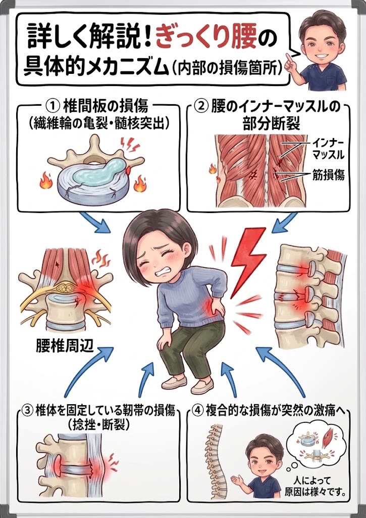 ぎっくり腰の具体的メカニズム（内部の損傷箇所）：①椎間板の損傷（繊維輪の亀裂・髄核突出）②腰のインナーマッスルの部分断裂 ③椎体を固定している靭帯の損傷（捻挫・断裂）④これらの複合的な損傷が突然の激痛につながる図解