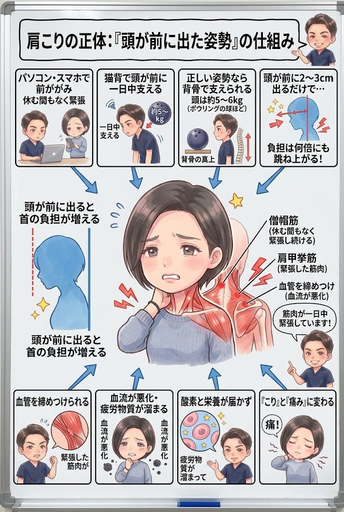 肩こりの正体：頭が前に出た姿勢の仕組み。約5〜6kgの頭が前に2〜3cm出るだけで負担が跳ね上がり、僧帽筋・肩甲挙筋が休む間もなく緊張して血管を締めつけ、血流悪化・疲労物質の蓄積からこりと痛みに変わる図解