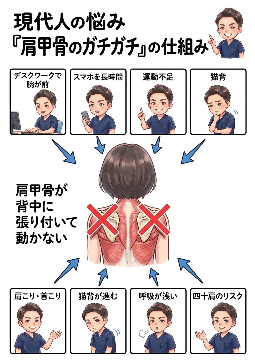 肩甲骨のガチガチの仕組み：デスクワークで腕が前・スマホ・運動不足・猫背によって、肩甲骨が背中に張り付いて動かなくなり、肩こり・首こり、猫背が進む、呼吸が浅い、四十肩のリスクへつながる図解