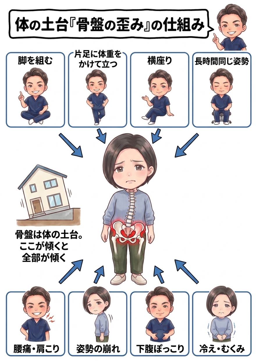 骨盤の歪みの仕組み：脚を組む・片足重心・横座り・長時間同じ姿勢などで骨盤が傾き、その上の背骨・全身が傾いて腰痛・肩こり・姿勢の崩れ・下腹ぽっこり・冷えむくみにつながる図解