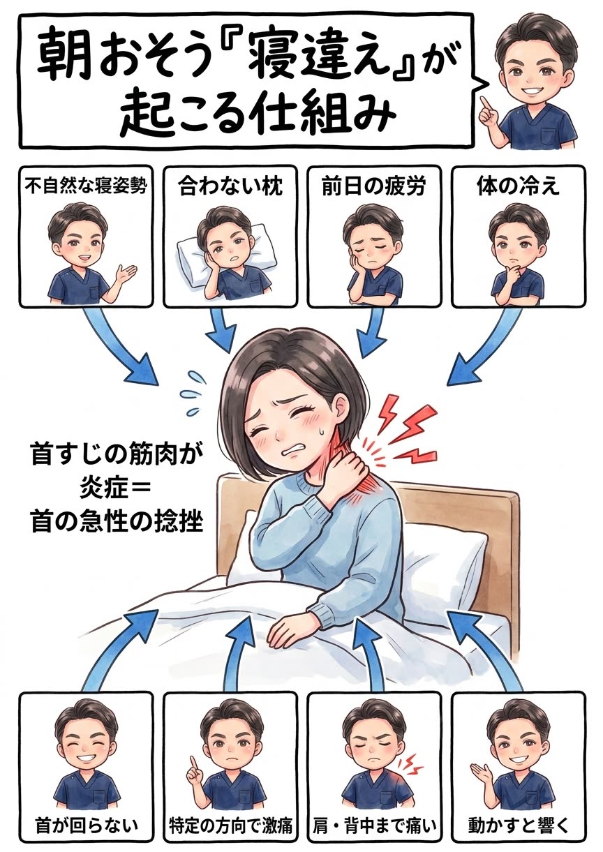 寝違えが起こる仕組み：不自然な寝姿勢・合わない枕・前日の疲労・体の冷えを背景に、首すじの筋肉が炎症を起こす首の急性の捻挫となり、首が回らない・特定の方向で激痛・肩や背中まで痛い・動かすと響くといった症状が出る図解