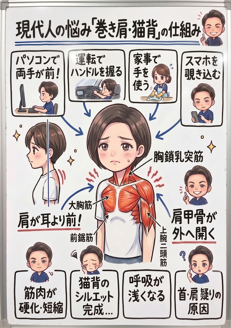 巻き肩・猫背の仕組み：パソコン・運転・家事・スマホで腕を前に使い続け、胸鎖乳突筋・大胸筋・小胸筋・前鋸筋・上腕二頭筋が短縮して肩甲骨が外へ開き、猫背のシルエットになる図解