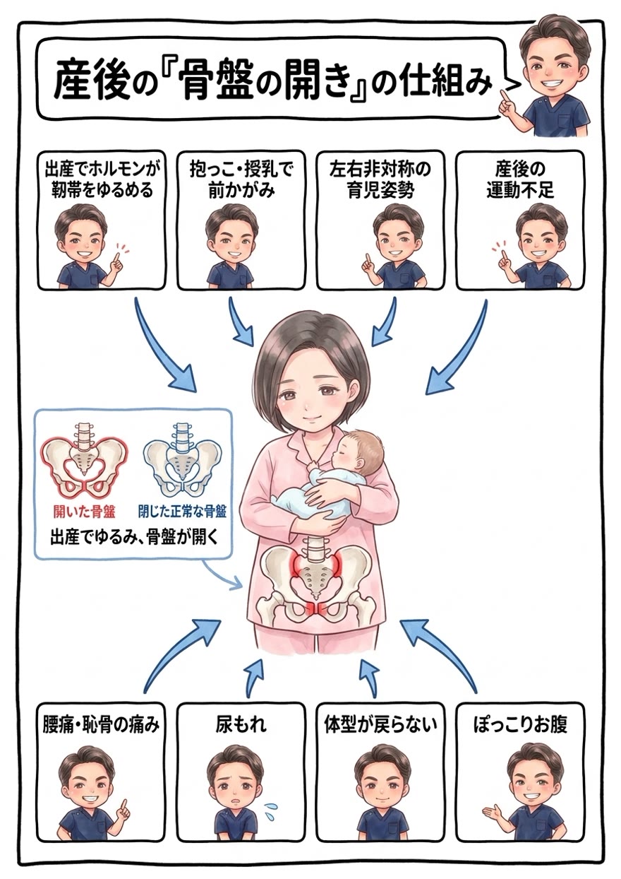 産後の骨盤の開きの仕組み：出産でホルモンが靭帯をゆるめ骨盤が開き、抱っこ・授乳・左右非対称の育児姿勢で歪んだまま固まり、腰痛・恥骨痛・尿もれ・体型が戻らないにつながる図解