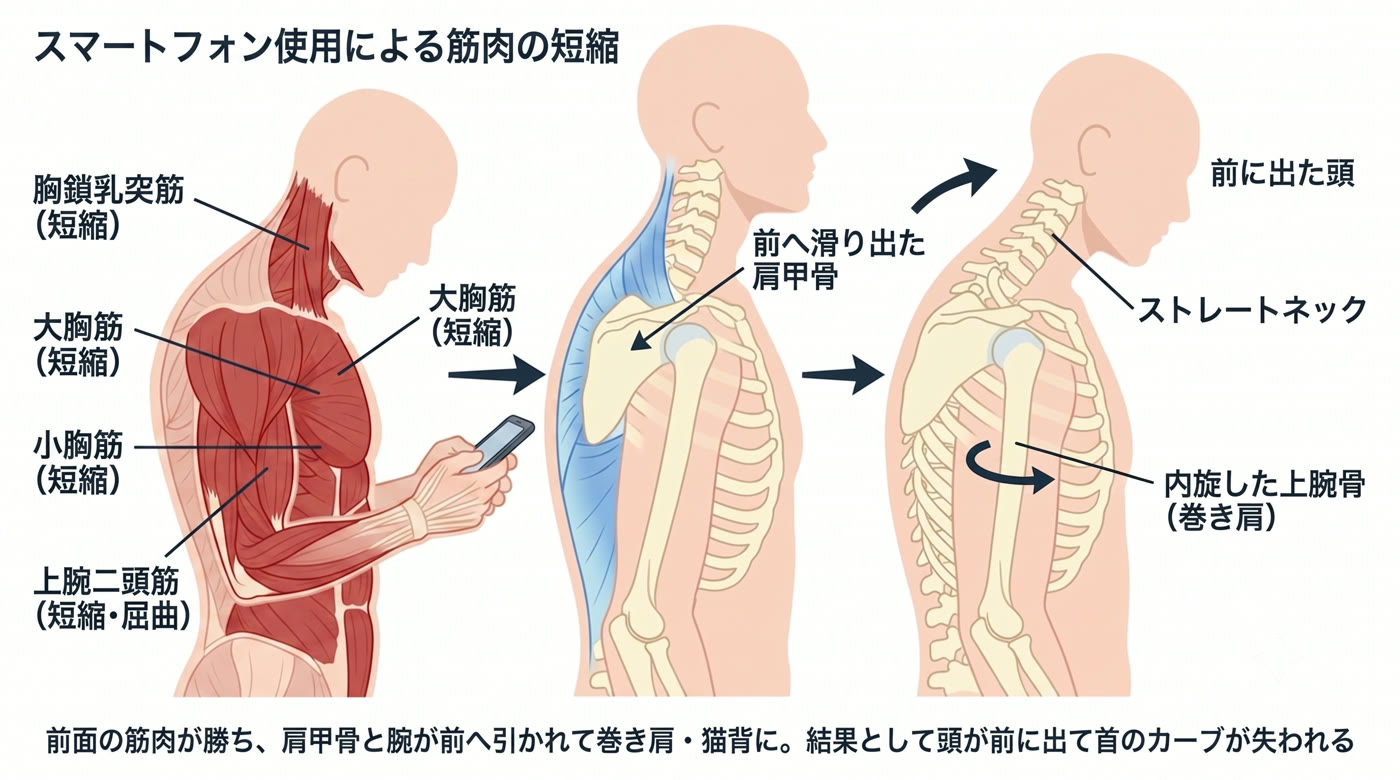 前面の筋肉の短縮と後面の筋肉の弱化により、肩甲骨が前へ滑り出て巻き肩・猫背になり、頭が前に出てストレートネックになる連鎖の図