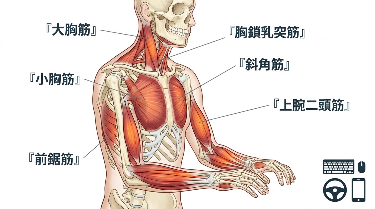 デスクワークやスマホで腕を前に使い続けることで短縮する、大胸筋・小胸筋・前鋸筋・上腕二頭筋・斜角筋・胸鎖乳突筋の解剖図