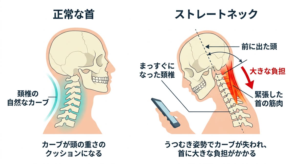 正常な首の頚椎カーブと、ストレートネックでカーブが失われた状態の比較図