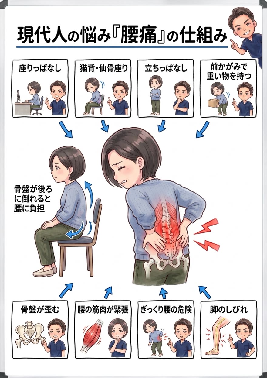 腰痛の仕組み：座りっぱなし・仙骨座り・立ちっぱなし・前かがみなどで骨盤が後ろに倒れ、腰の筋肉が緊張して骨盤の歪み・ぎっくり腰・脚のしびれにつながる図解