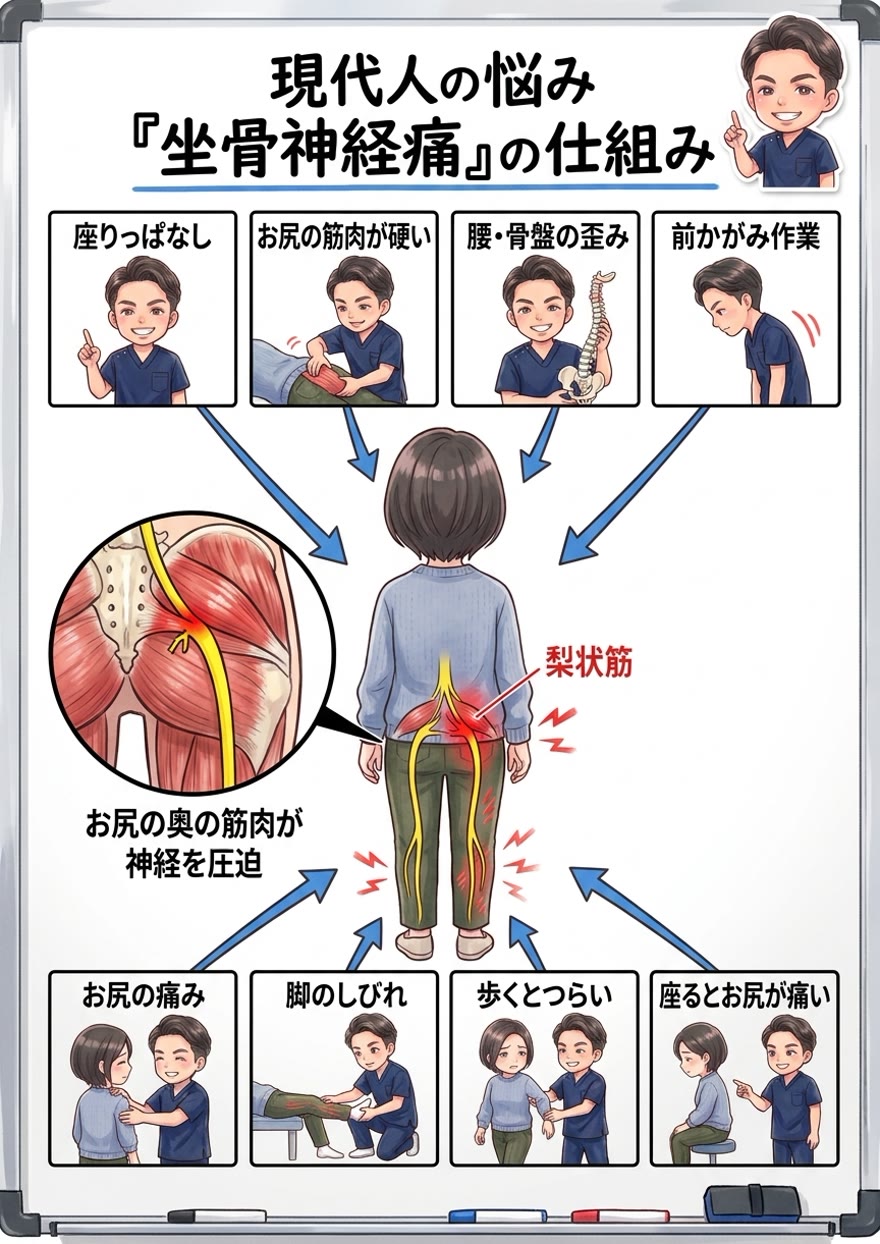 坐骨神経痛の仕組み：座りっぱなし・お尻の筋肉が硬い・腰や骨盤の歪みなどで、お尻の奥の梨状筋が坐骨神経を圧迫し、お尻の痛み・脚のしびれにつながる図解