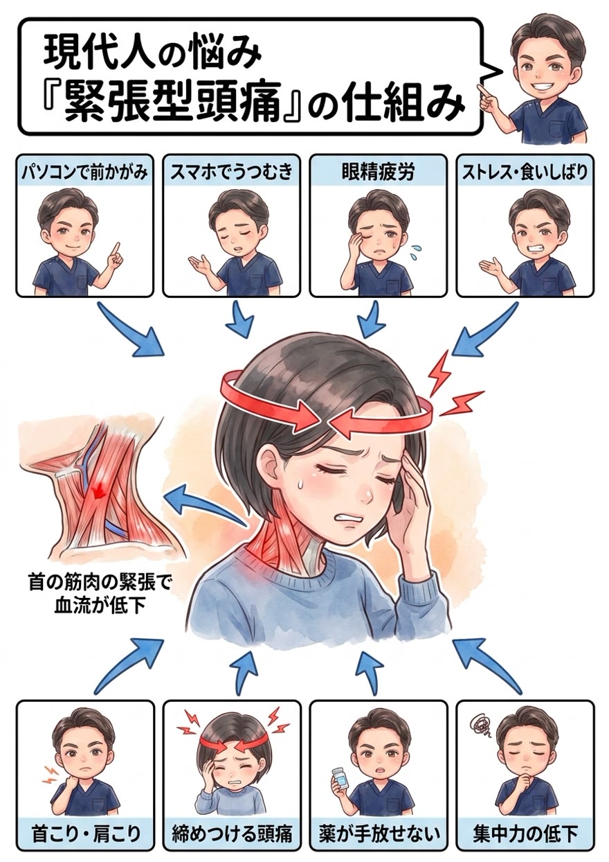 緊張型頭痛の仕組み：パソコン・スマホ・眼精疲労・ストレスなどで首の筋肉が緊張し血流が低下、頭が締めつけられるように痛み、薬が手放せない・集中力低下につながる図解